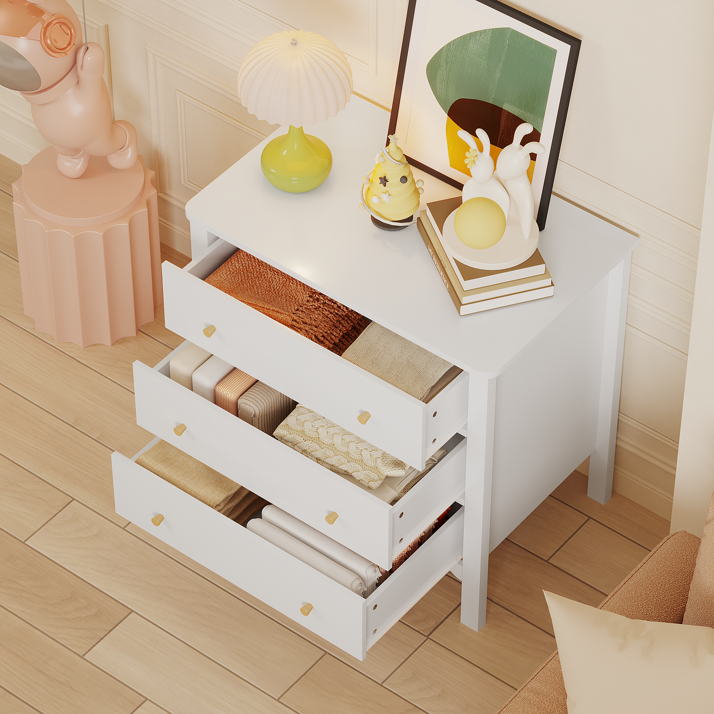 White 3 Drawer Dresser - Modern MDF Storage Cabinet