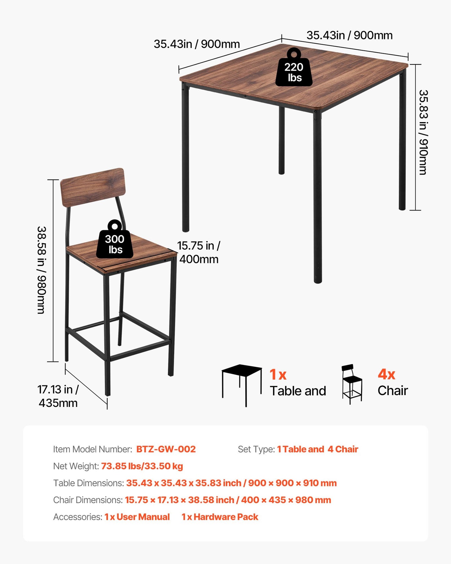 5-Piece Bar Table and Chair Set - 35-Inch Pub Dining Set with Rounded Edges, Walnut & Black Finish