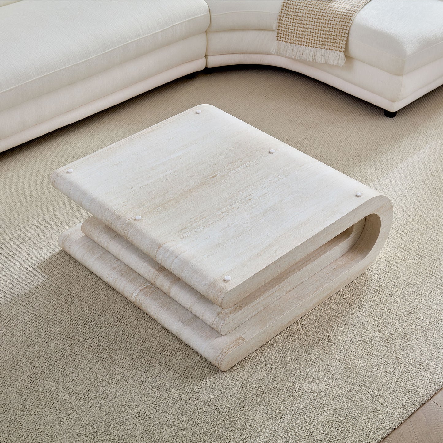 33.86 Inch Square Modern Coffee Table with Faux Travertine - Beige