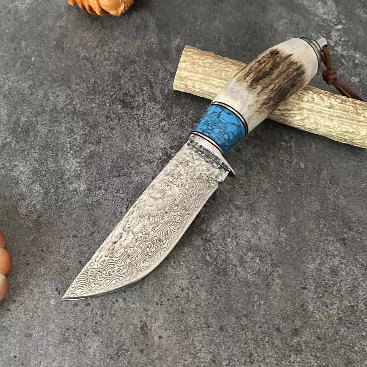 Turquoise Antler Handle Damascus Steel Kitchen Knife - Straight & Horse Variants