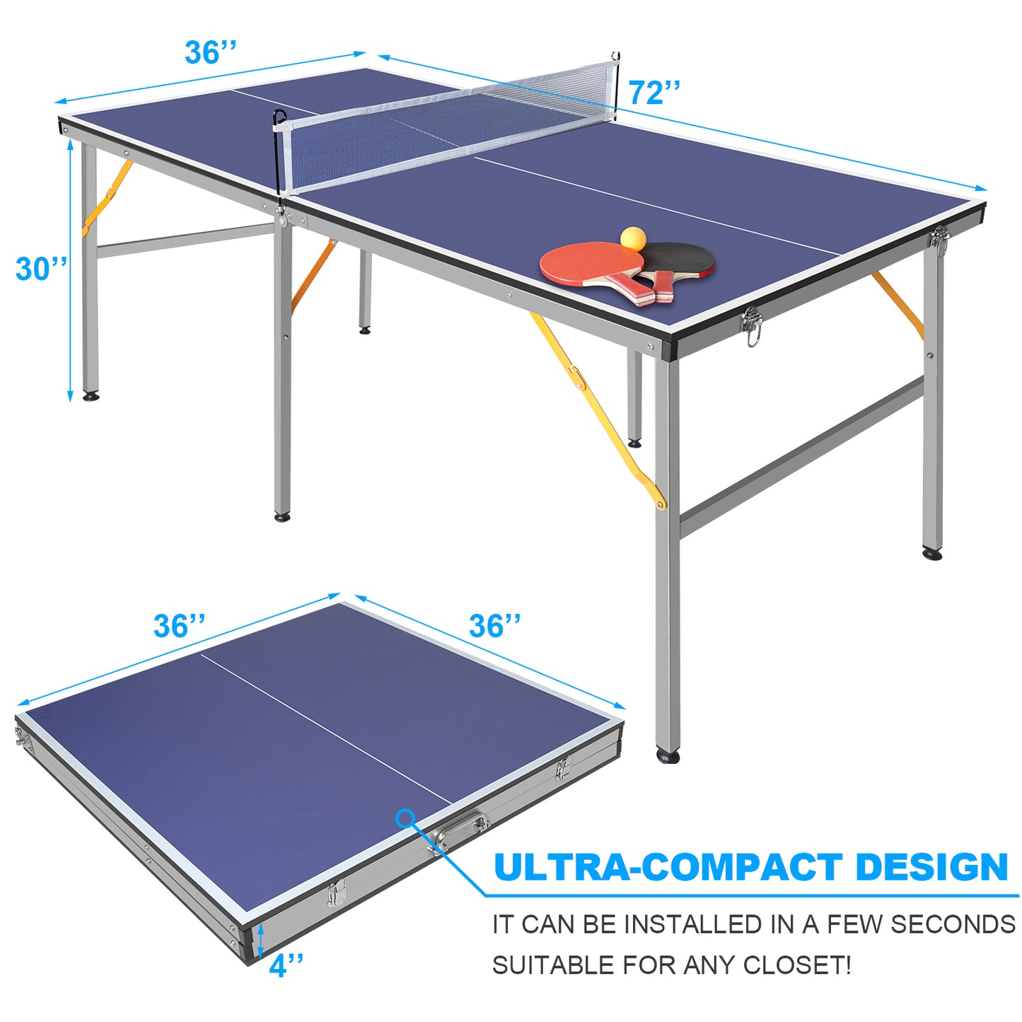 6ft Foldable Blue Mid-Size Table Tennis Set with Paddles & Balls
