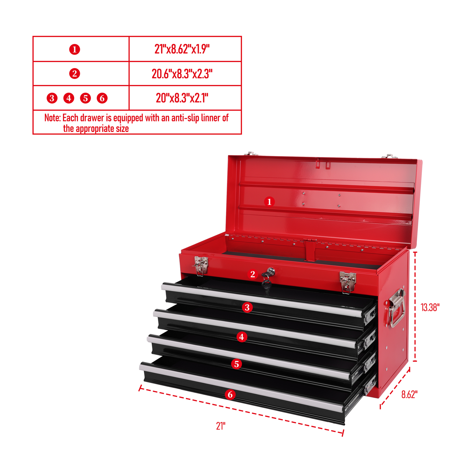 Heavy Duty Metal Tool Box 21-Inch with 4 Drawers, Locking & EVA Liners - Portable Steel Organizer, Red & Black