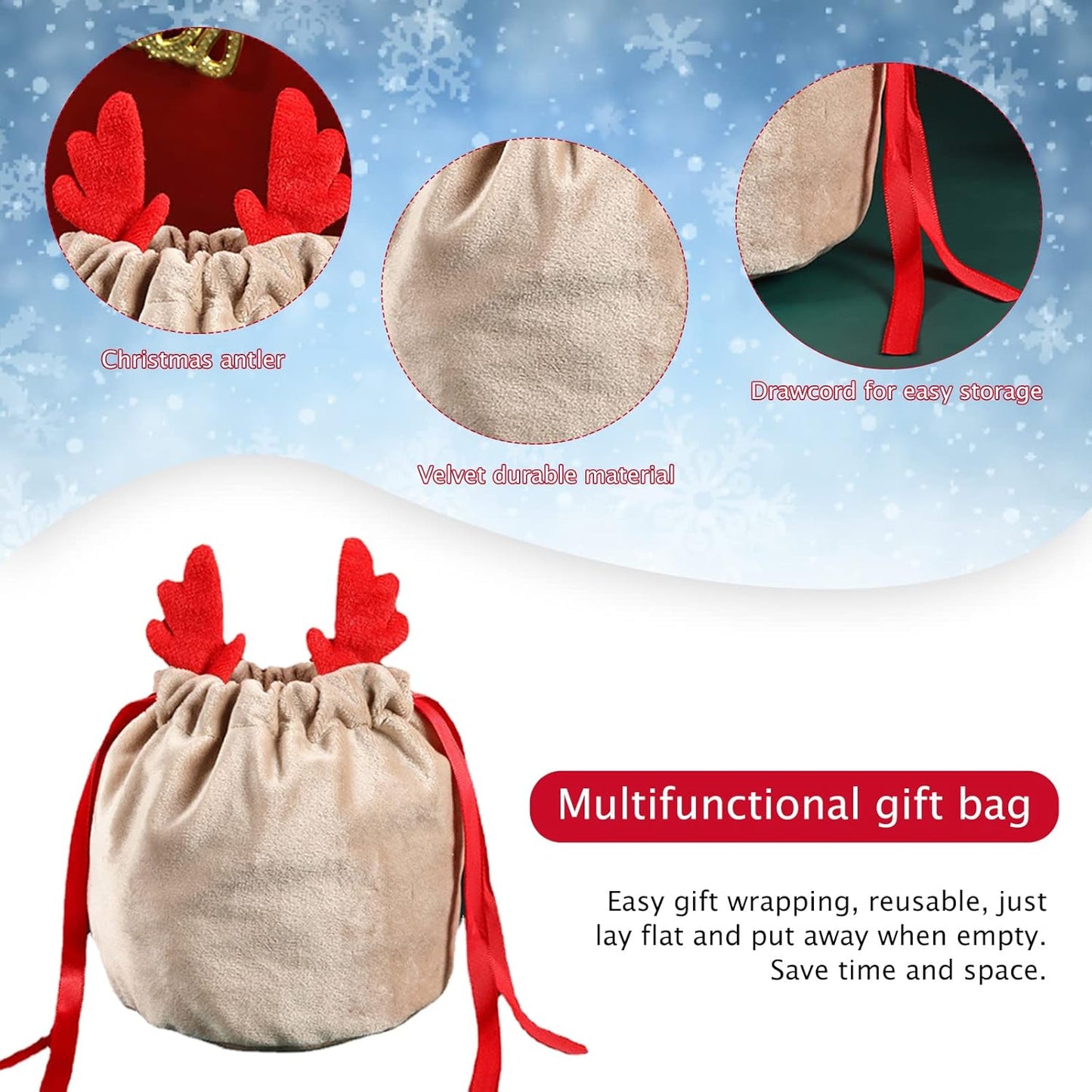 Christmas Velvet Drawstring Gift Bags - 5 Pack Mini Pouches