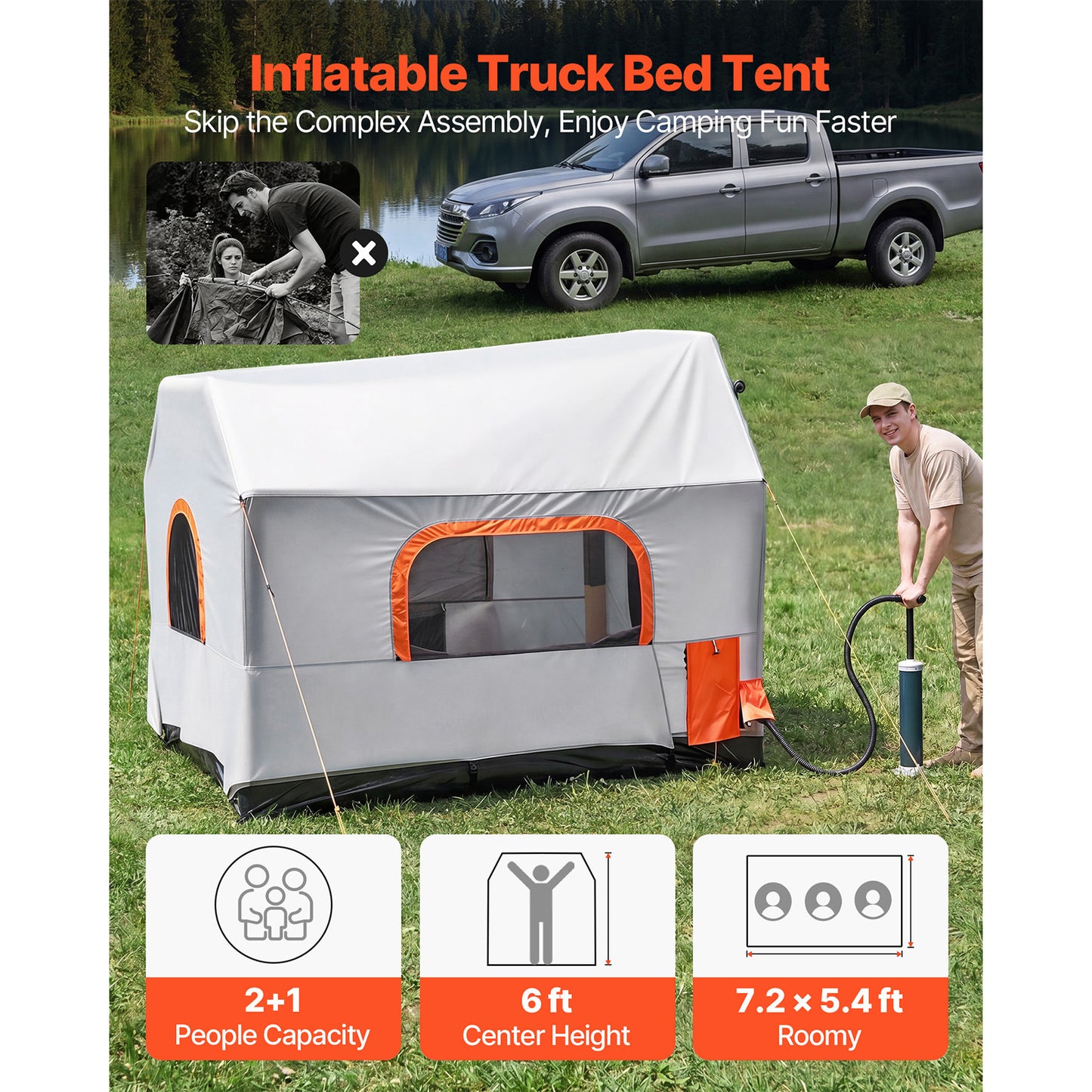 Inflatable Pickup Truck Tent - Waterproof 7.2x5.4 FT 3-Season Camping Shelter with Ventilated Mesh Windows