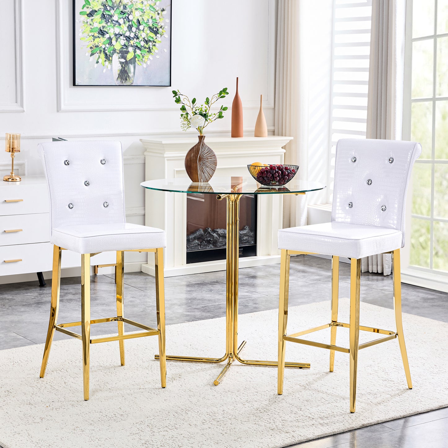 A Set Of 2 White And Gold Vintage Crocodile Leather Bar Chairs,