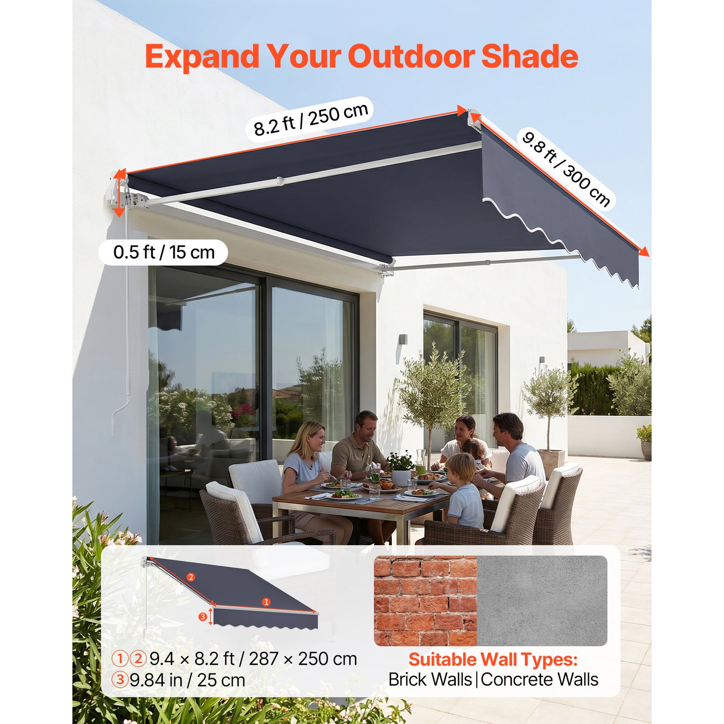 Outdoor Retractable Sun Shade Awning 9.8x8.2 Ft Water-Resistant Polyester Shelter with Crank Handle for Patio, Deck, Balcony, Yard - Gray