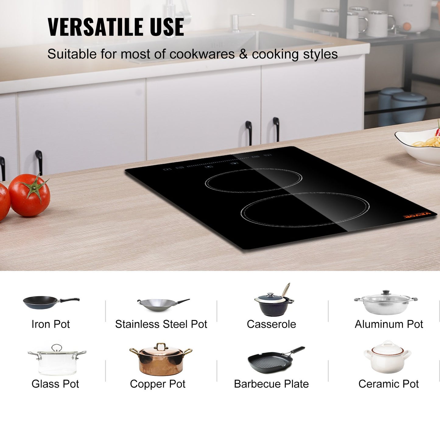 Black Built-In Electric Stove Top 20x11.6 Inch, 2 Burners, Touch Control