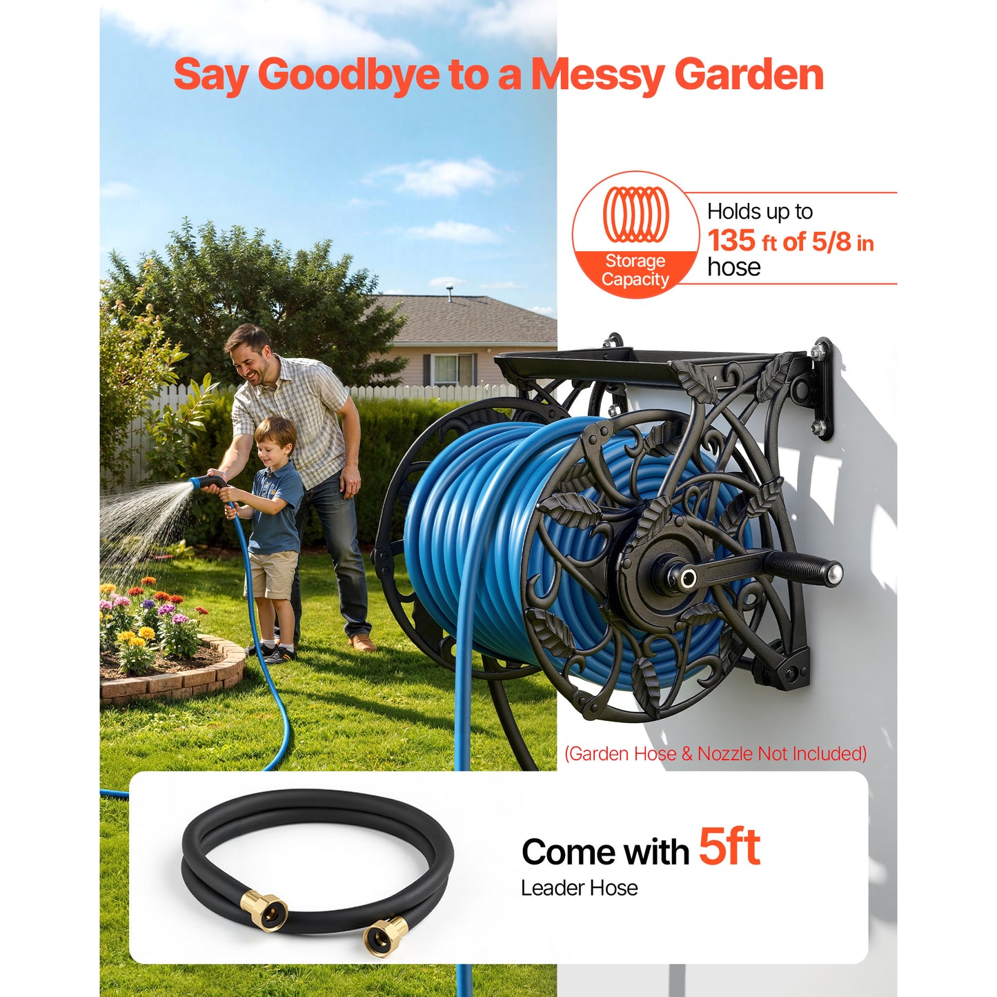 Wall Mounted Garden Hose Reel Holds 135 Feet 5/8 Inch Hose Heavy Duty Water Hose Organizer with Widened Tray