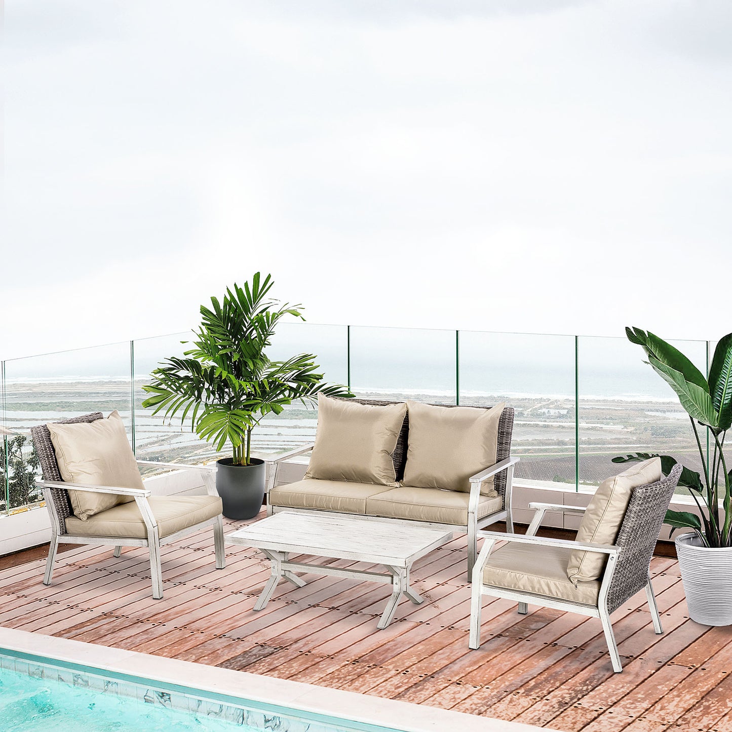 4-Piece Patio Furniture Set with Cushions - Beige Wicker