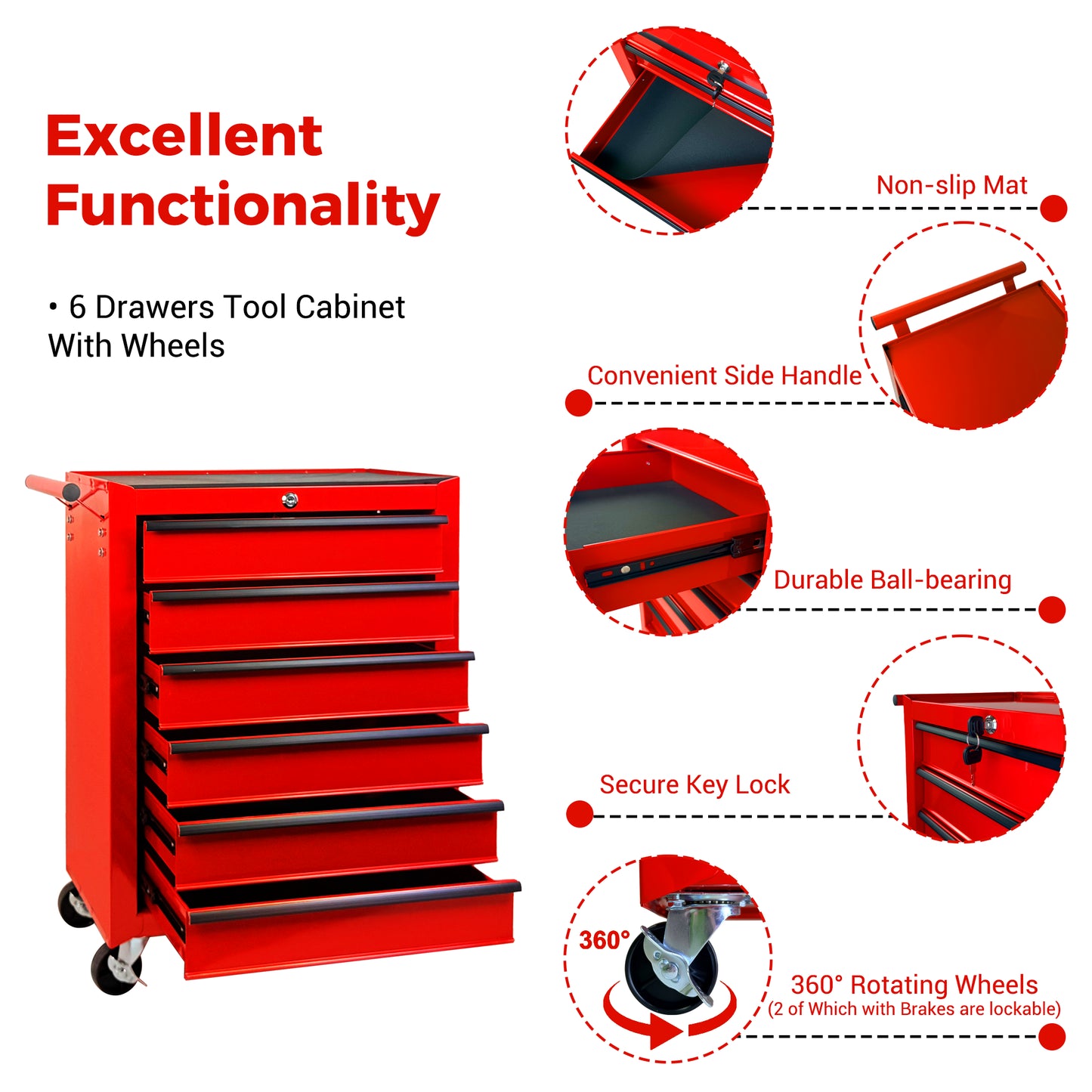 20-Inch Metal Rolling Tool Chest with 6 Drawers and Ball Bearing Slides - Red