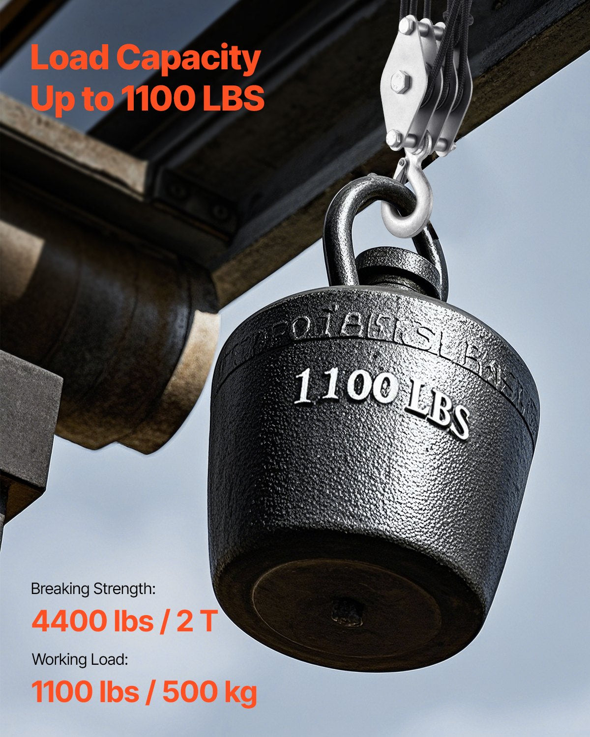 4400 lbs Heavy Duty Rope Hoist Pulley System with 100 ft Rope - 5:1 Lifting Ratio