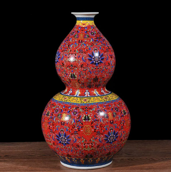 Porcelain Gourd-Shaped Decorative Vase with Dragon and Phoenix Design - Multiple Styles