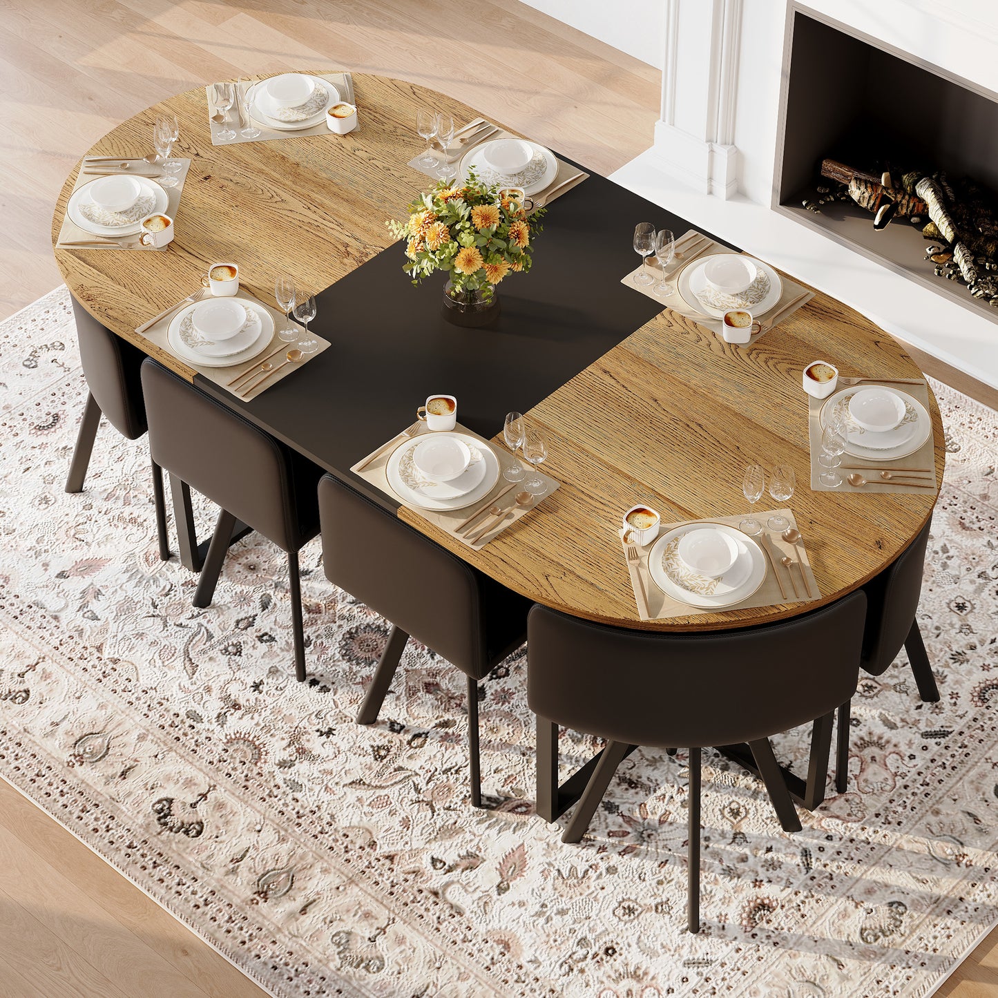9-Piece Oval Dining Table Set, Fixed Two-Tone Wood Grain & Black
