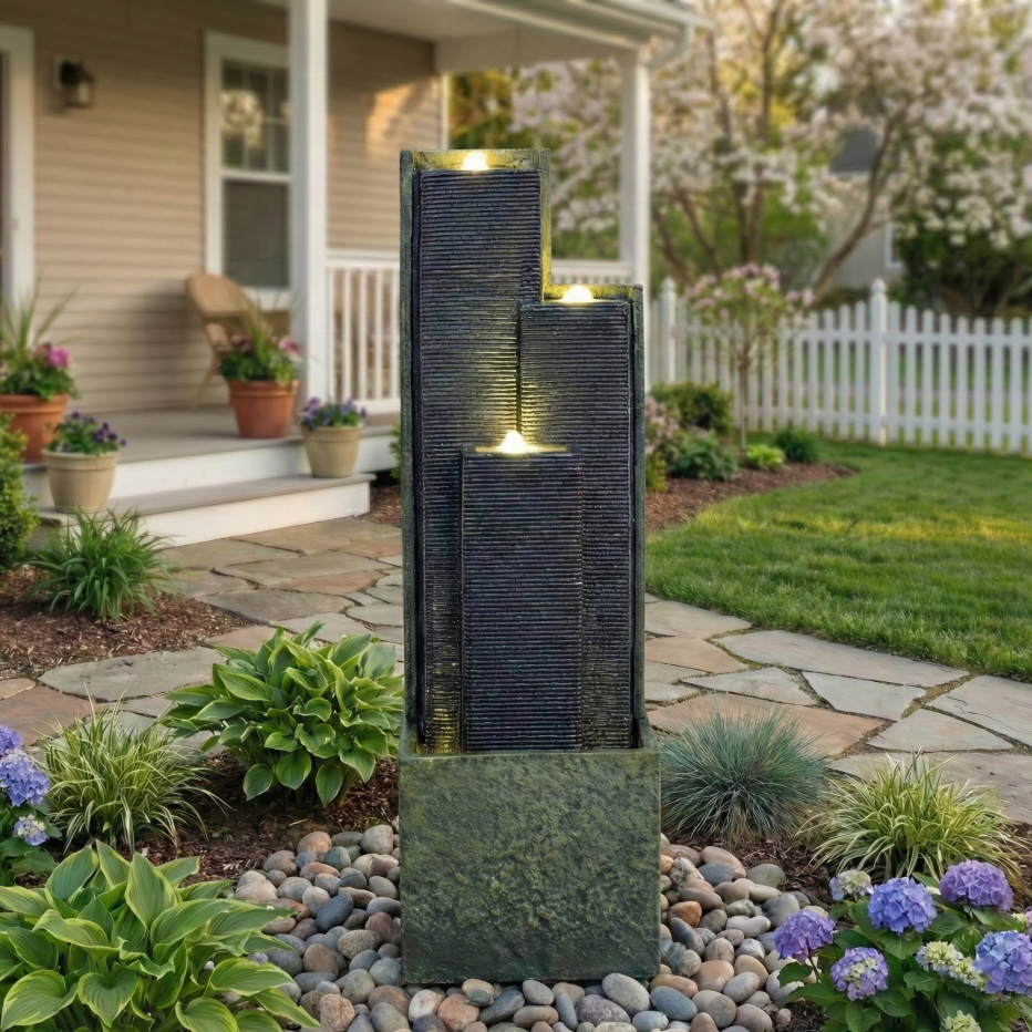 39-inch Outdoor Water Fountain with LED Lights - Garden Patio Lawn Decor