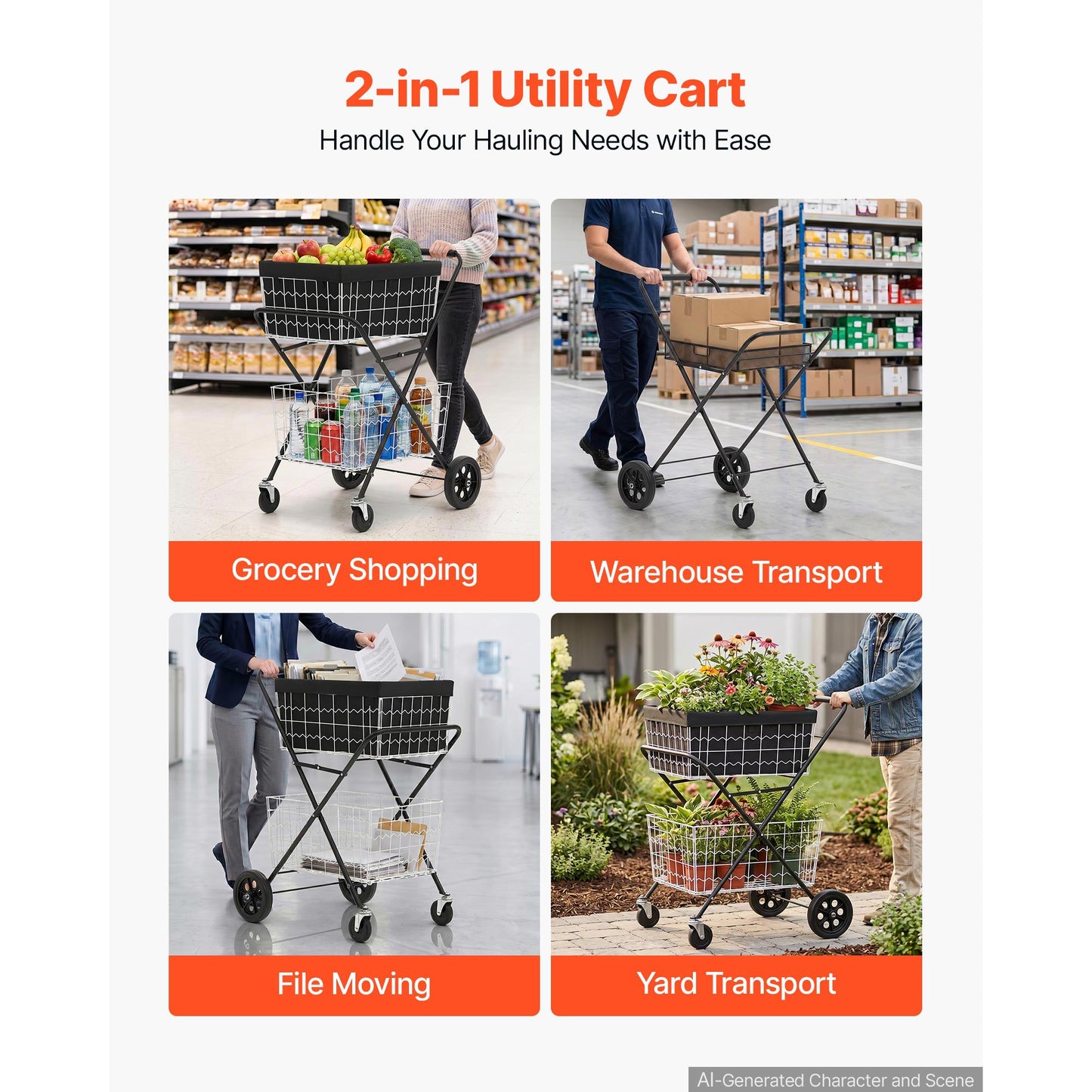 Heavy Duty Foldable 2-Tier Shopping Cart with Wheels & Detachable Baskets
