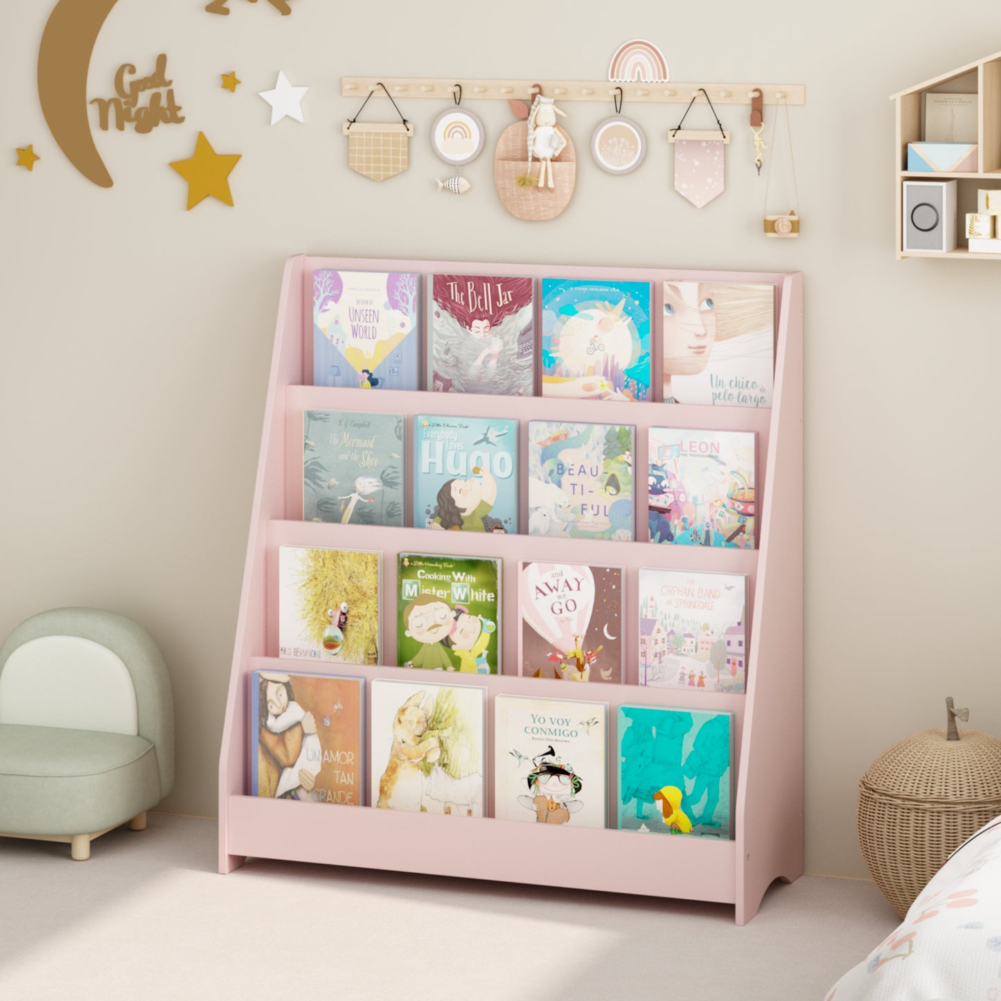 4-Tier Kids Bookshelf - Pink MDF Book Display Shelf
