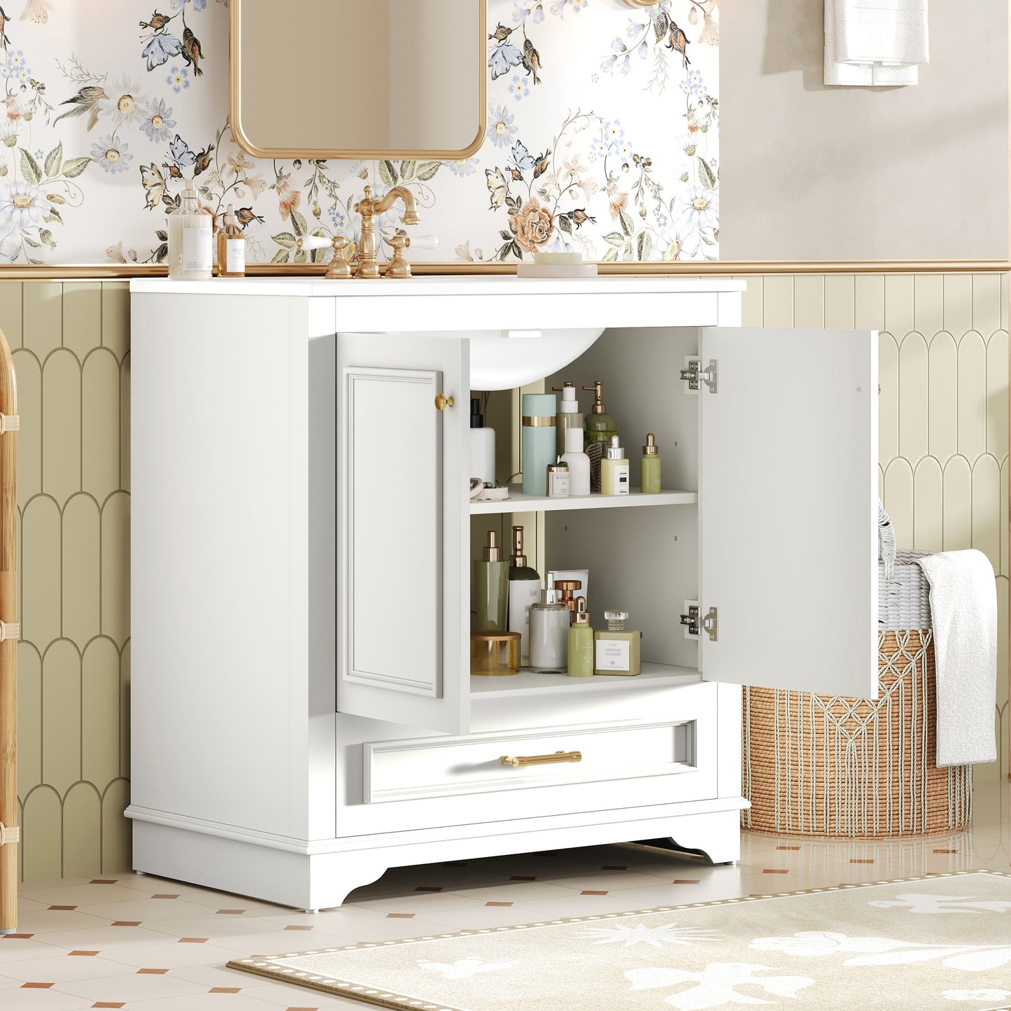 30" Bathroom Vanity with Ceramic Sink & Soft Close Doors - White