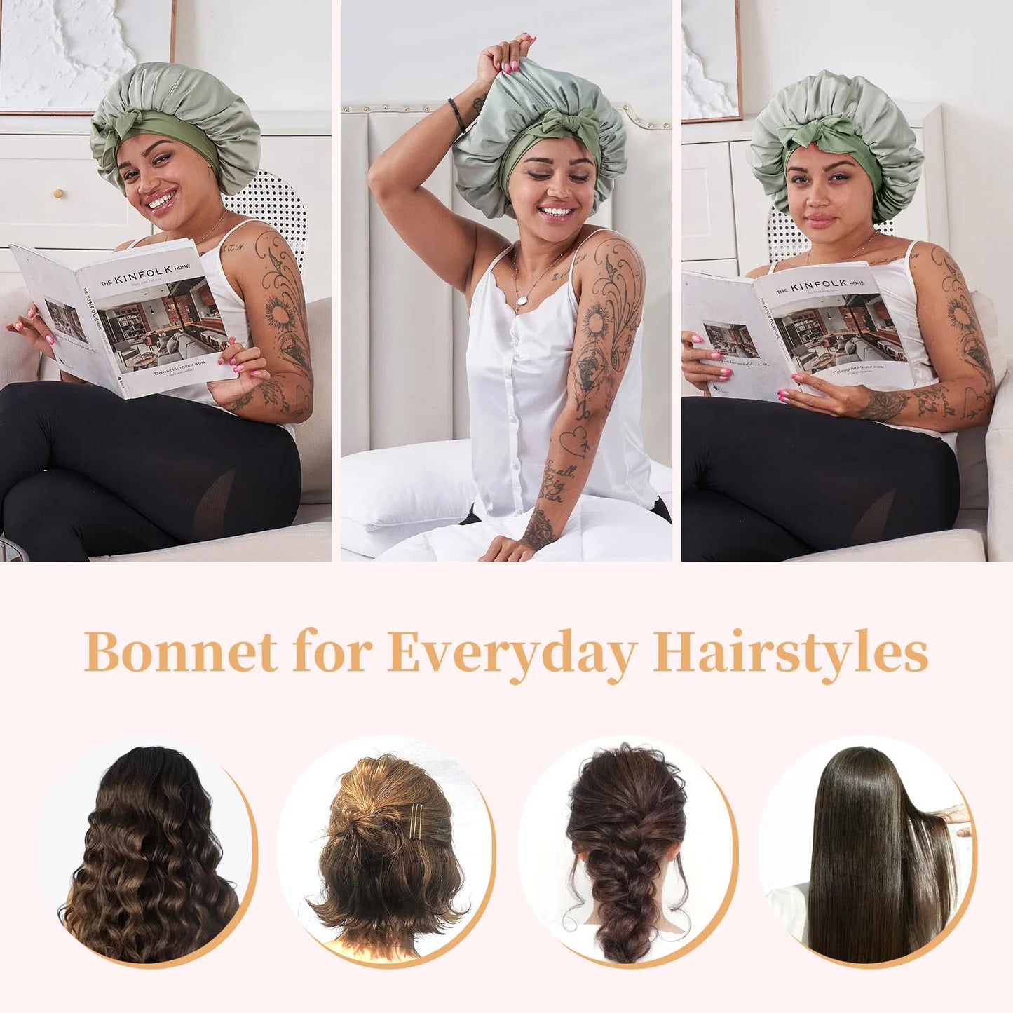 Adjustable Satin Hair Bonnet for Sleeping - Double Layer Silk Hair Wrap - Green