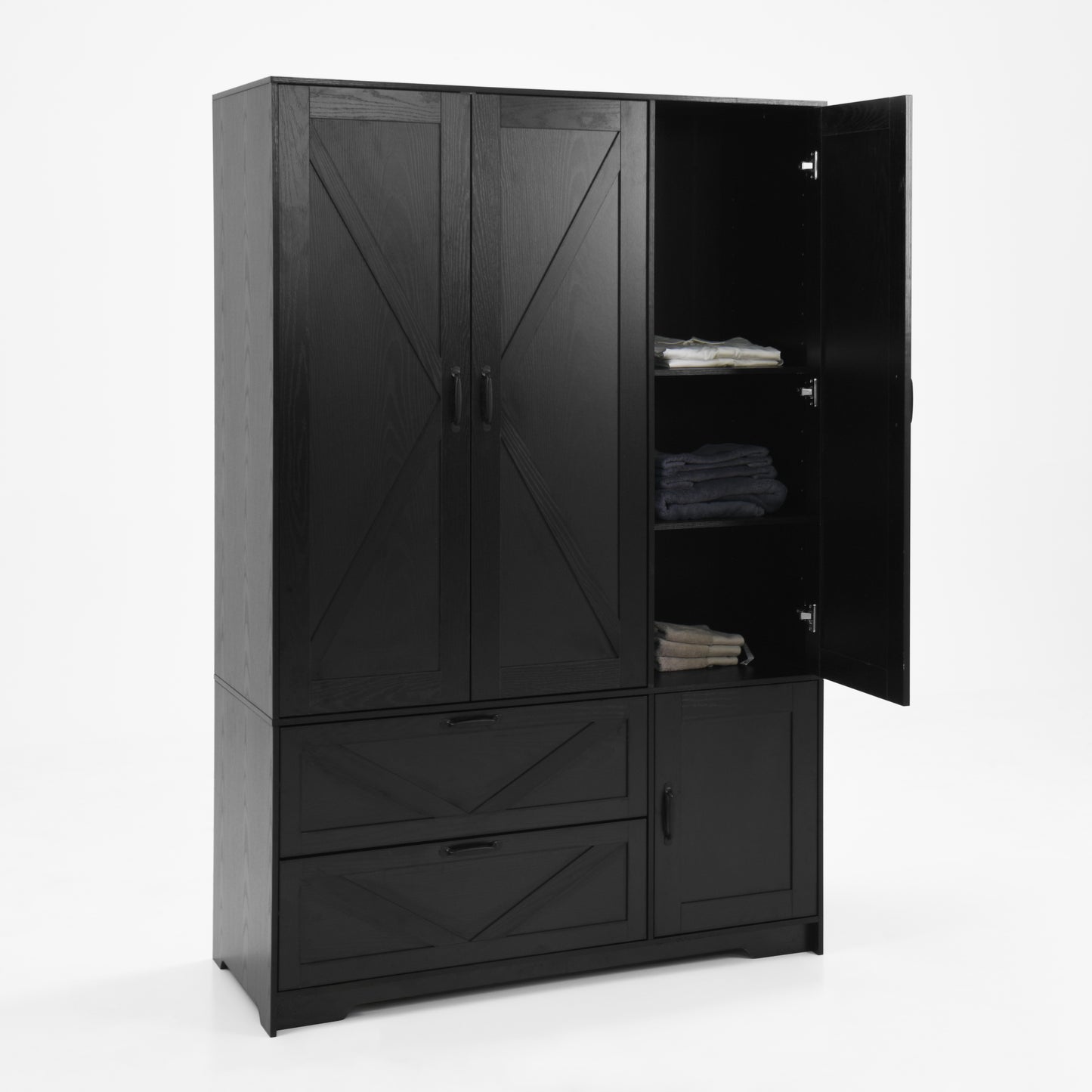 Black 4-Door Wardrobe Closet with Mirror & LED Lighting