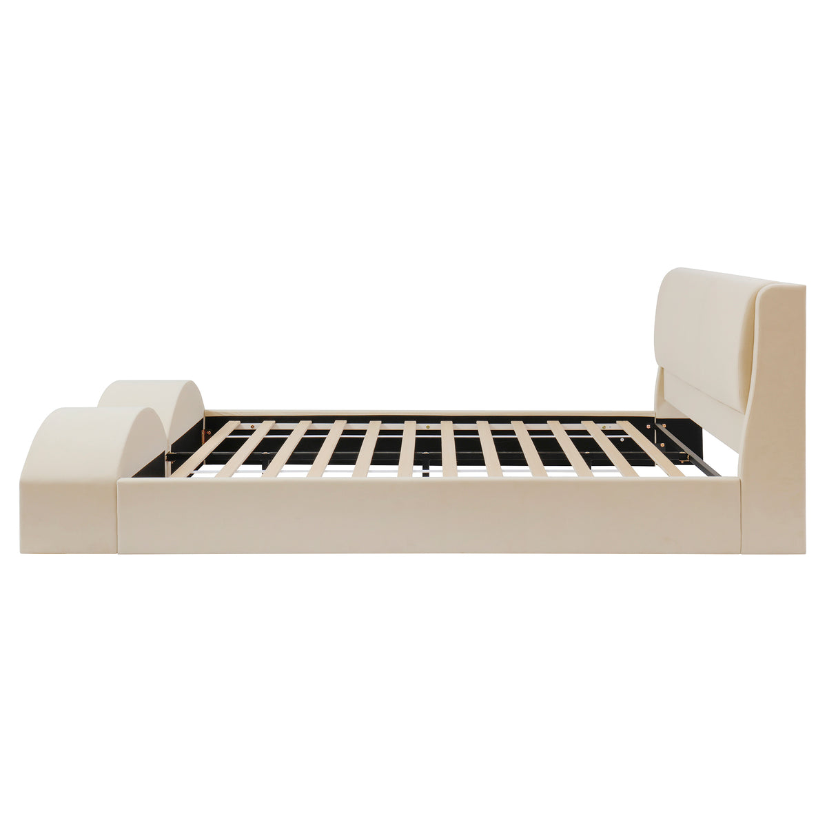 Queen Size Upholstered Platform Bed Frame with Dual Cat Caves & LED Pet Nests - Beige