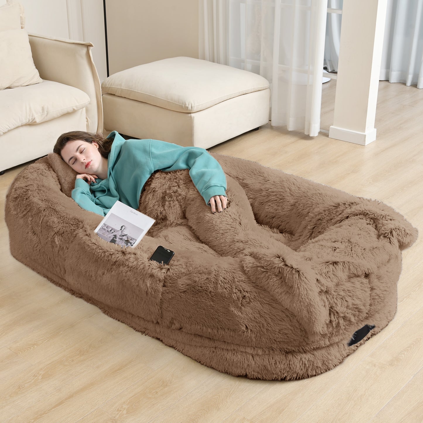 Oversized Human & Pet Dog Bed with Orthopedic Support - 71 x 45 Inch Faux Fur Lounger, Washable Cover, Pillow & Blanket Included