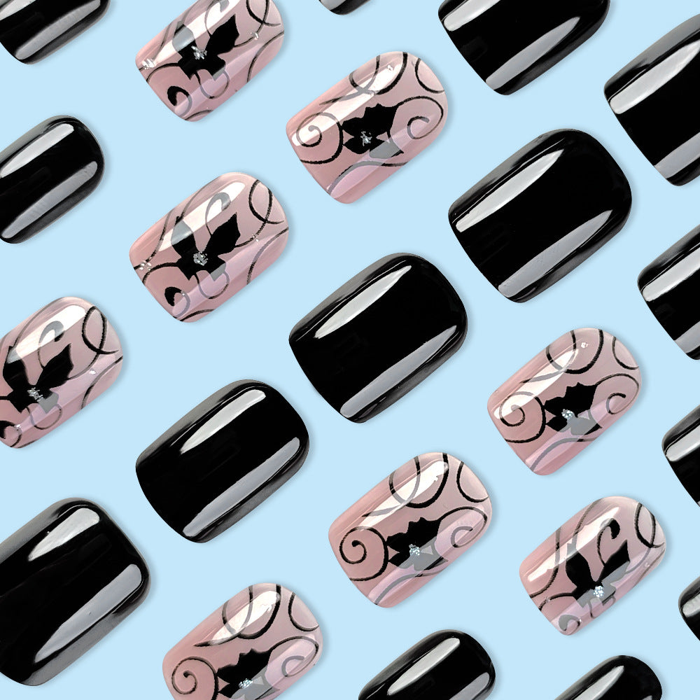 Black Butterfly Sequin Nail Art Kit - 24-Piece Short Square Design for Women & Girls