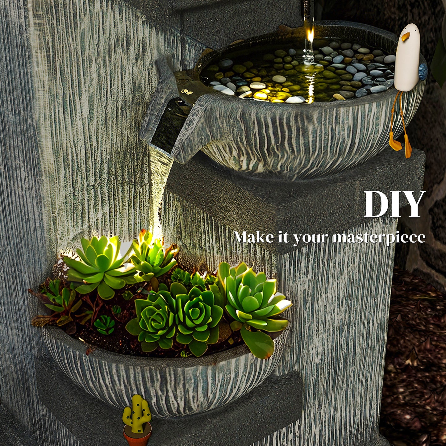 33.5-inch Outdoor Water Fountain with LED Lights 4-Tier Cascading Bowls