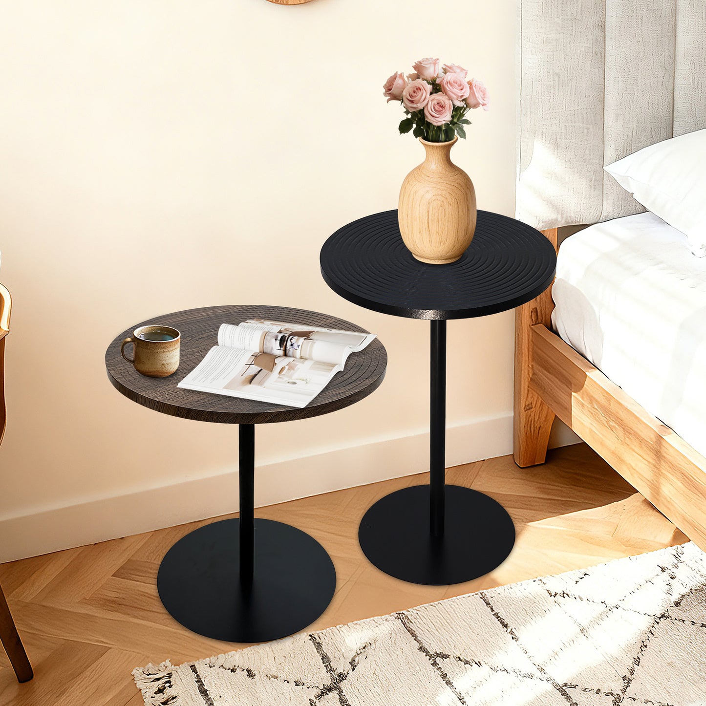 Small Round Side Table Set of 2 - Walnut Brown & Black
