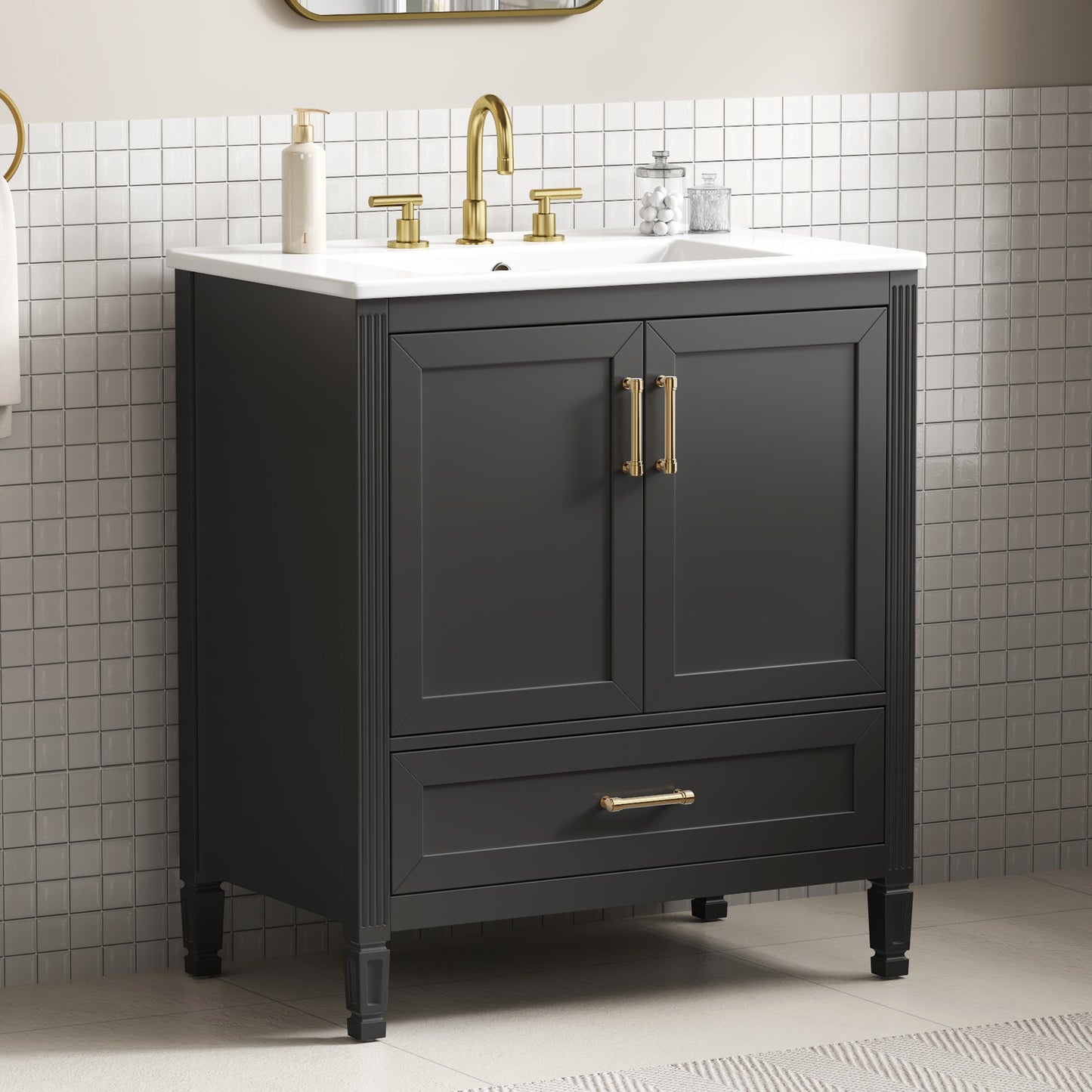 30-Inch Elegant Fluted Bathroom Vanity with Ceramic Sink - Black