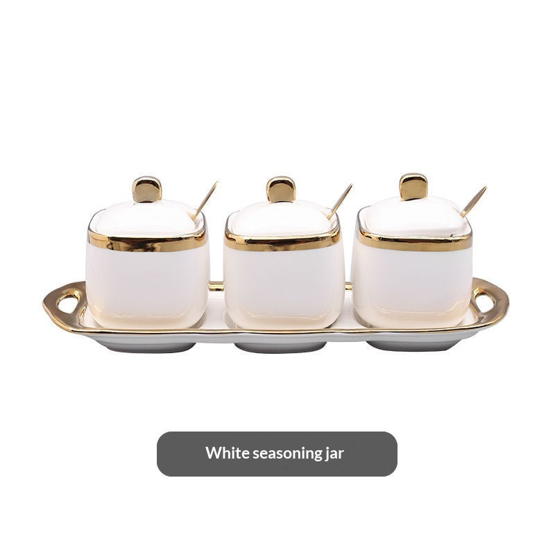 Ceramic Salt & Sauce Pot Set - Seasoning Jar for Kitchen, Oil & Vinegar Dispenser