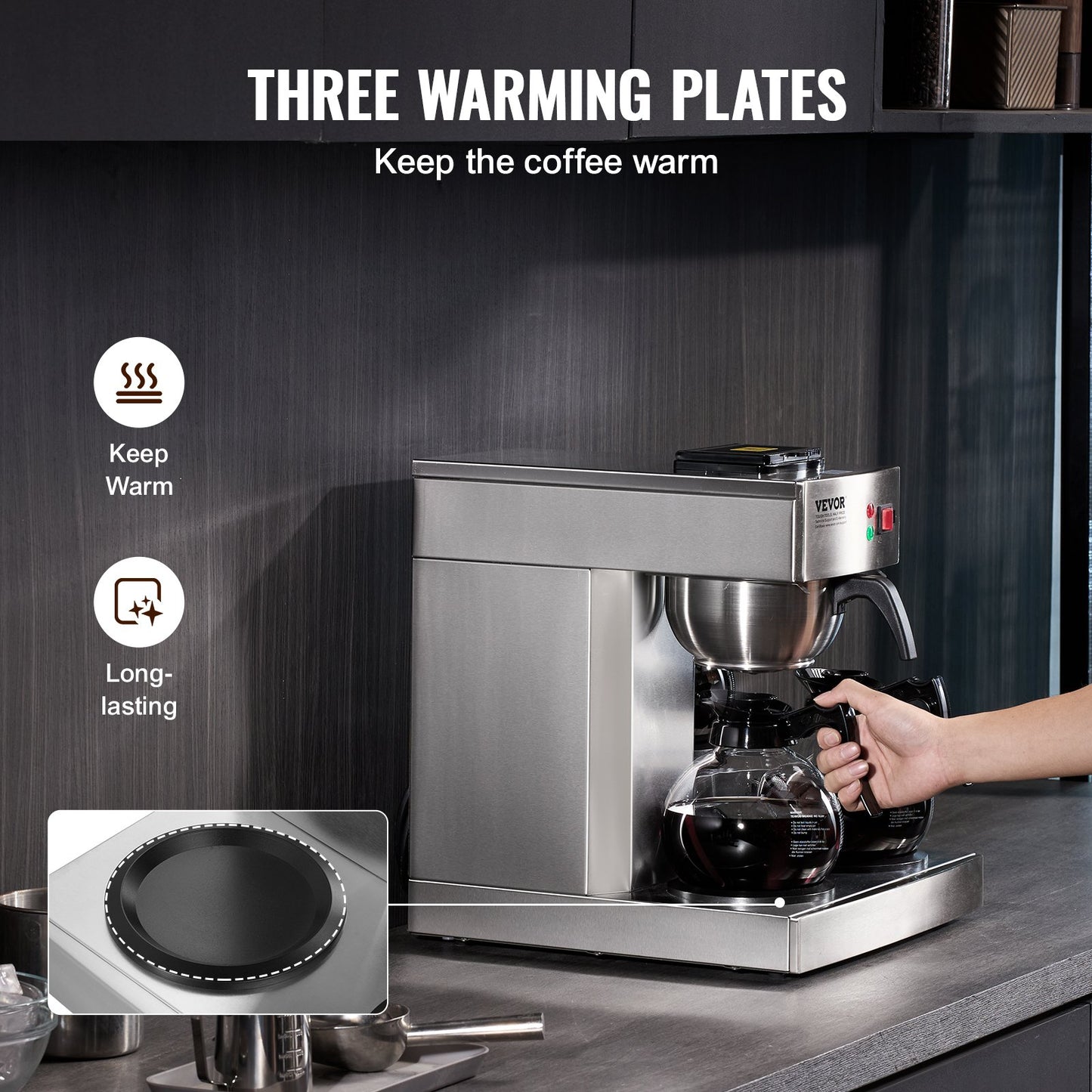 12-Cup Commercial Drip Coffee Maker with 3 Glass Carafes & Warmers - Silver