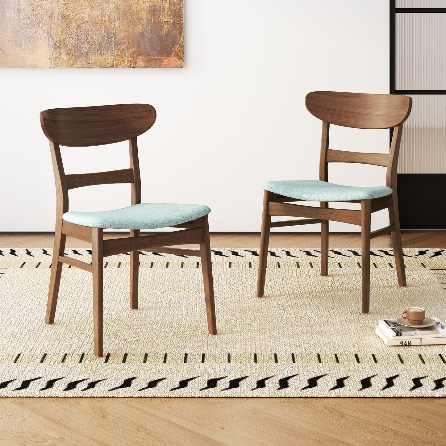 Set of 2 Mid-Century Dining Chairs - Upholstered Seat, Rubberwood Legs