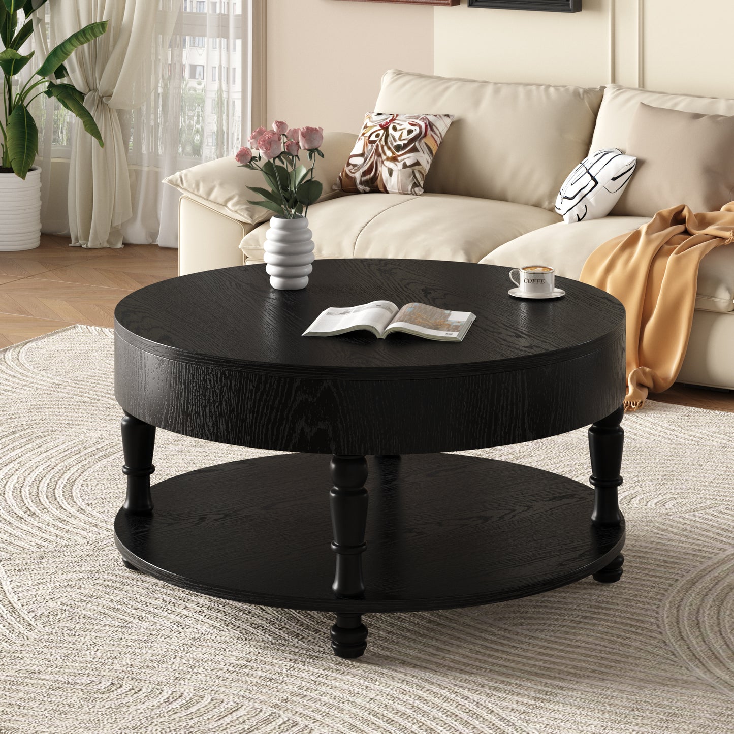 Modern Round Coffee Table with Dual Storage - Black, 31.5"