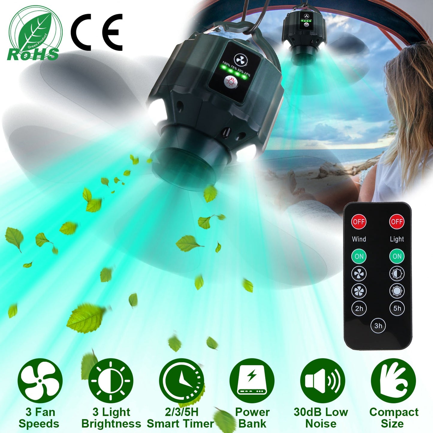 Portable Camping Ceiling LED Fan with Remote Control - 3-in-1 Lantern, Power Bank, Adjustable Speed & Brightness