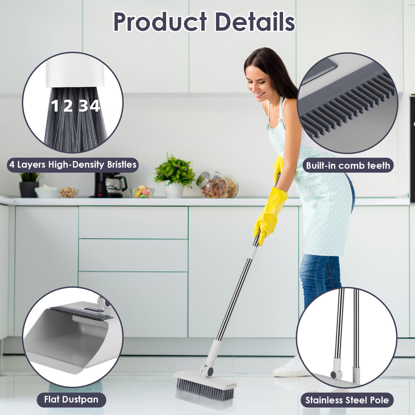 4-in-1 Stainless Steel Handle Broom and Dustpan Set for Indoor Outdoor Cleaning
