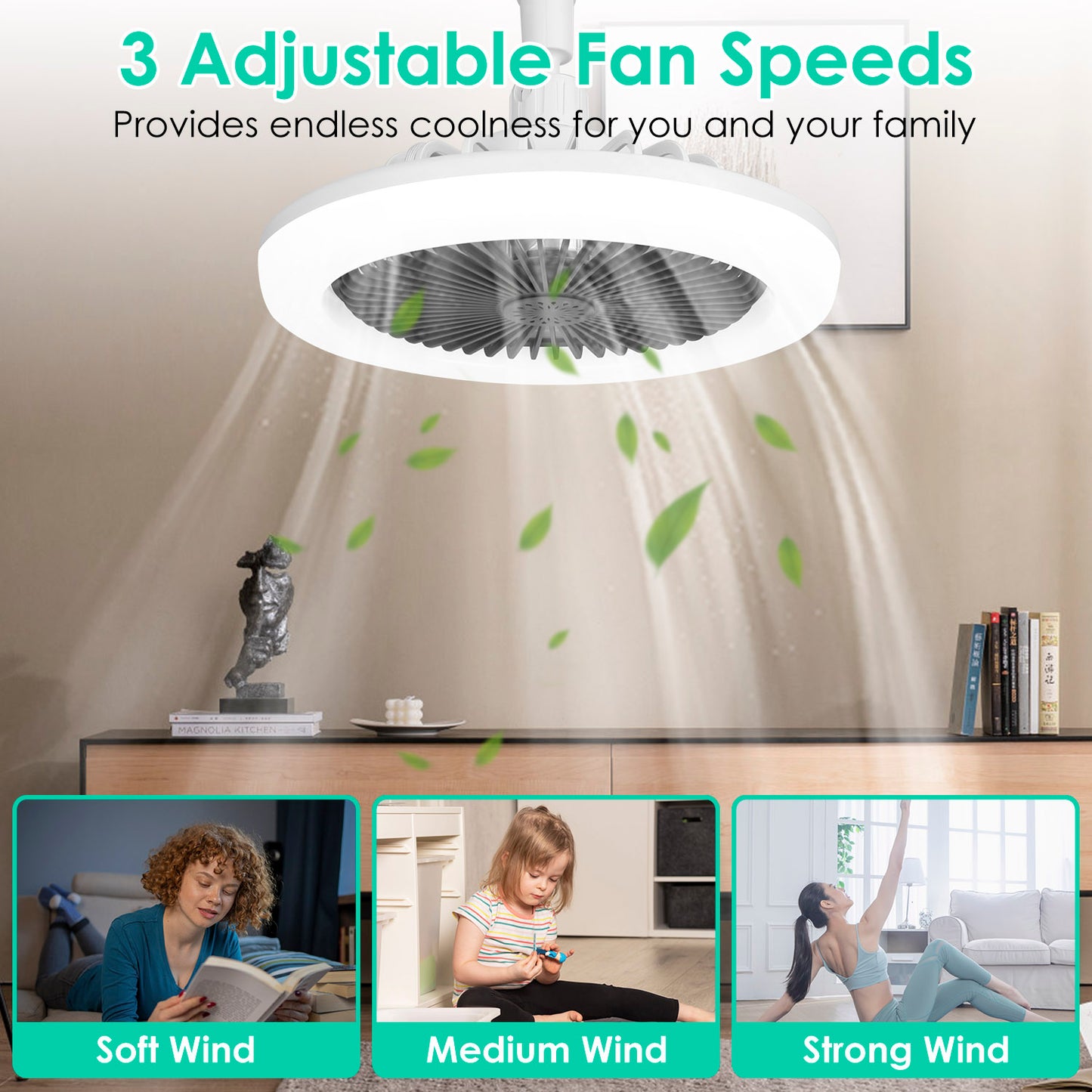 LED Ceiling Fan with Dimmable Lights Remote Control 9.44in E27 Socket