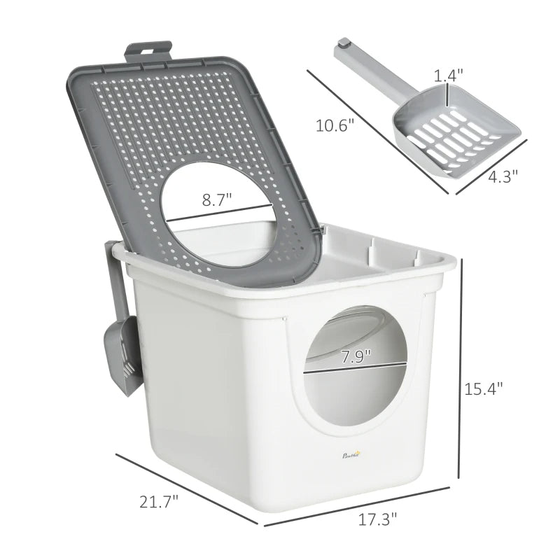 Covered Cat Litter Box with Front Entrance and Top Exit - Odor Control, Scoop, White