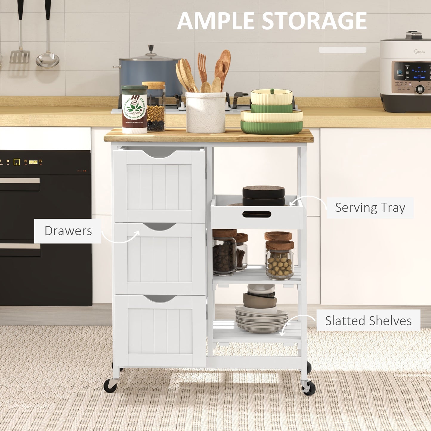 Rolling Kitchen Cart with Wood Top, Shelves & Drawers - White
