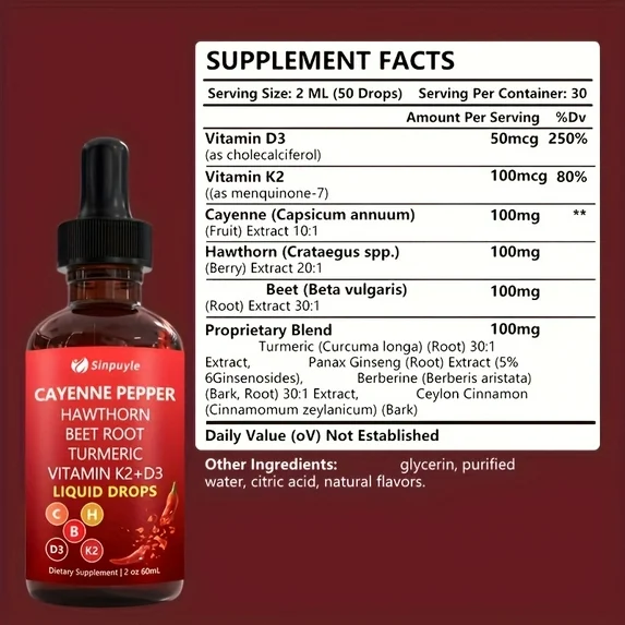 Cayenne Pepper Hawthorn Beet Root Turmeric Liquid Drops with Vitamin D3 & K2