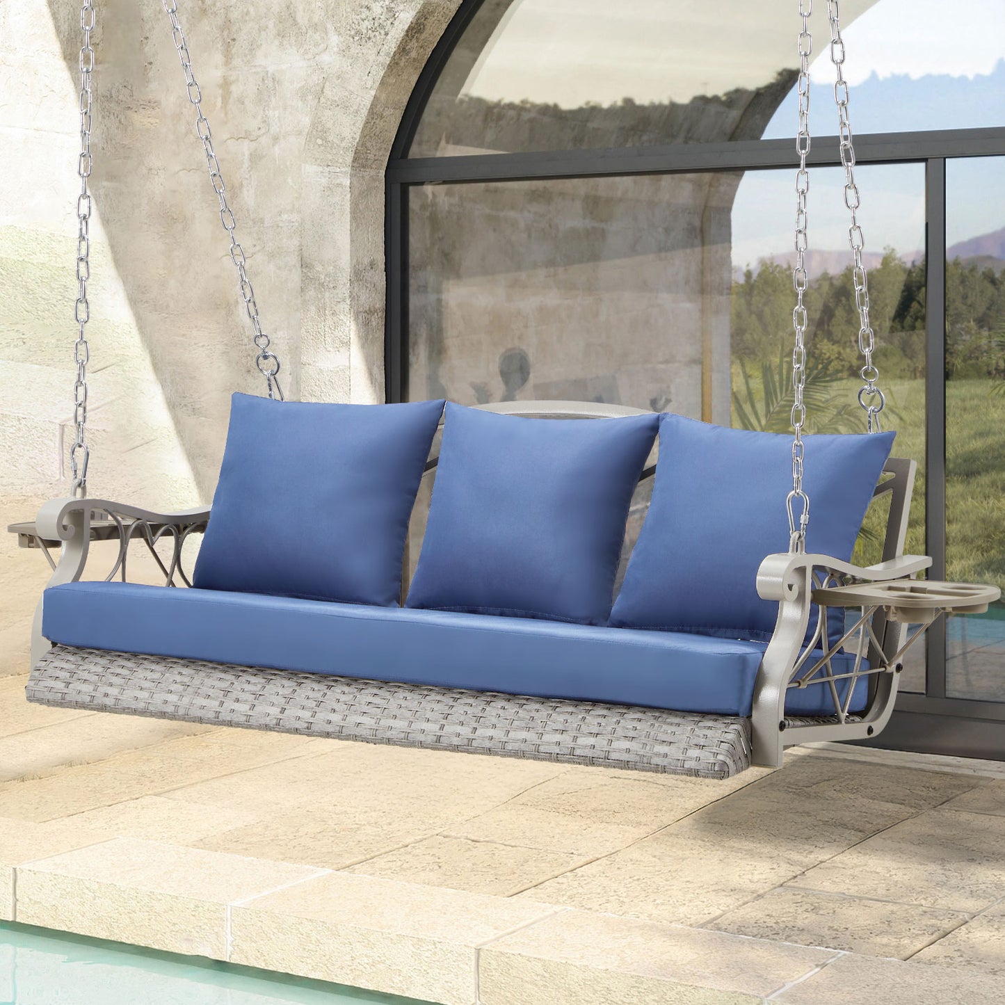 Outdoor Porch Swing Basket with Cushions and Side Table