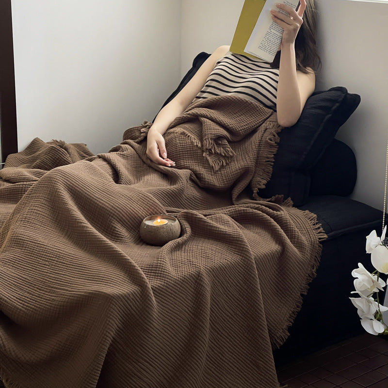 Four-Layer Cotton Tassel Blanket for Sofa & Bed - Wrinkle Style