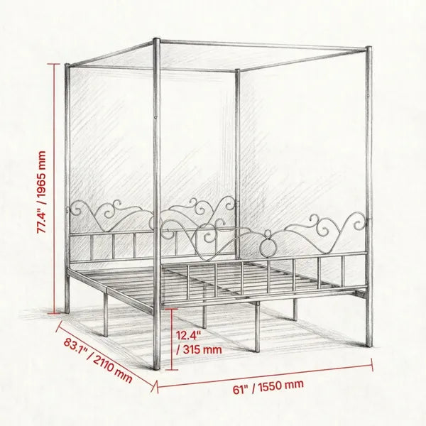 Sturdy Canopy Bed Frame with Storage Space - Queen Size
