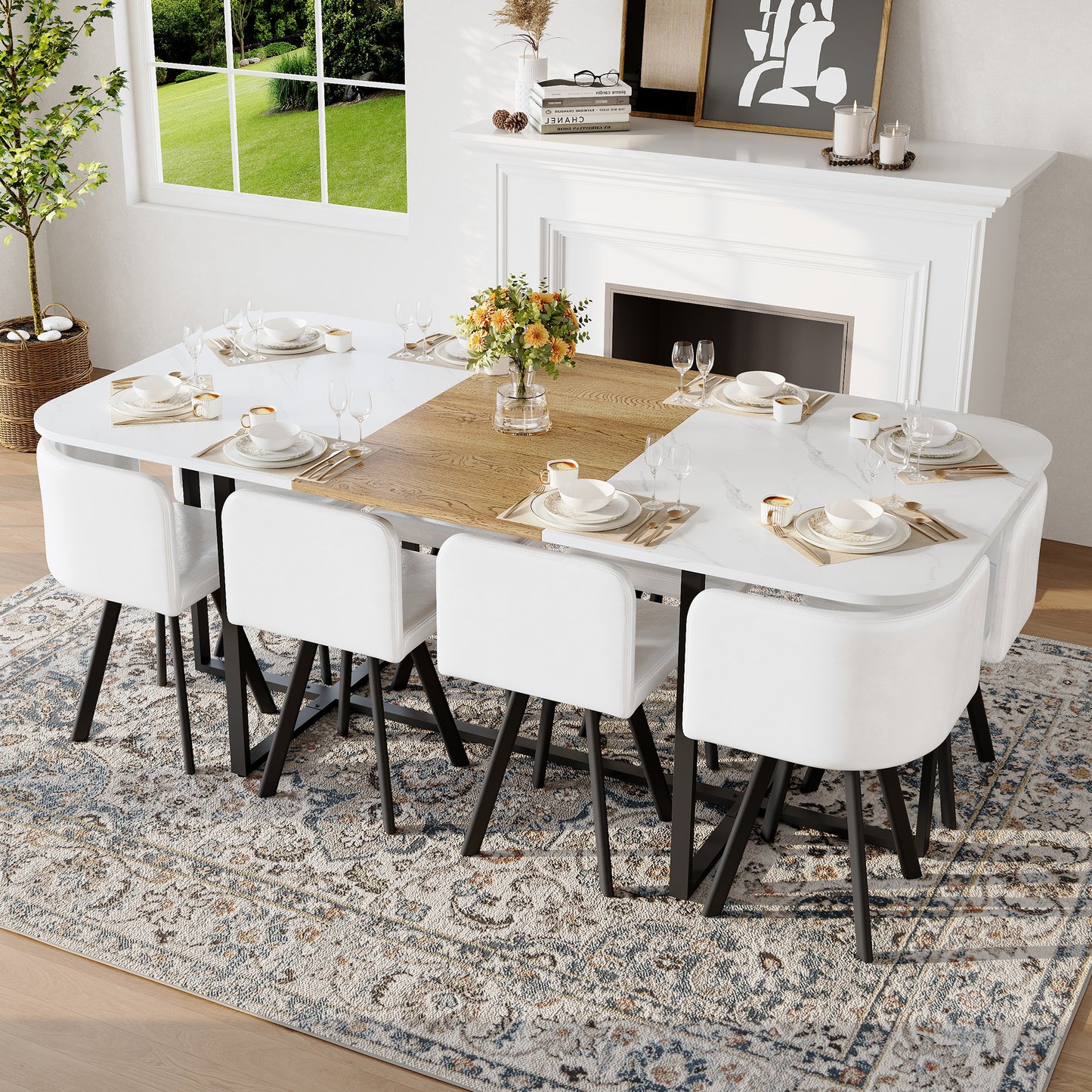 9-Piece Square Dining Table Set with White Faux Leather Chairs