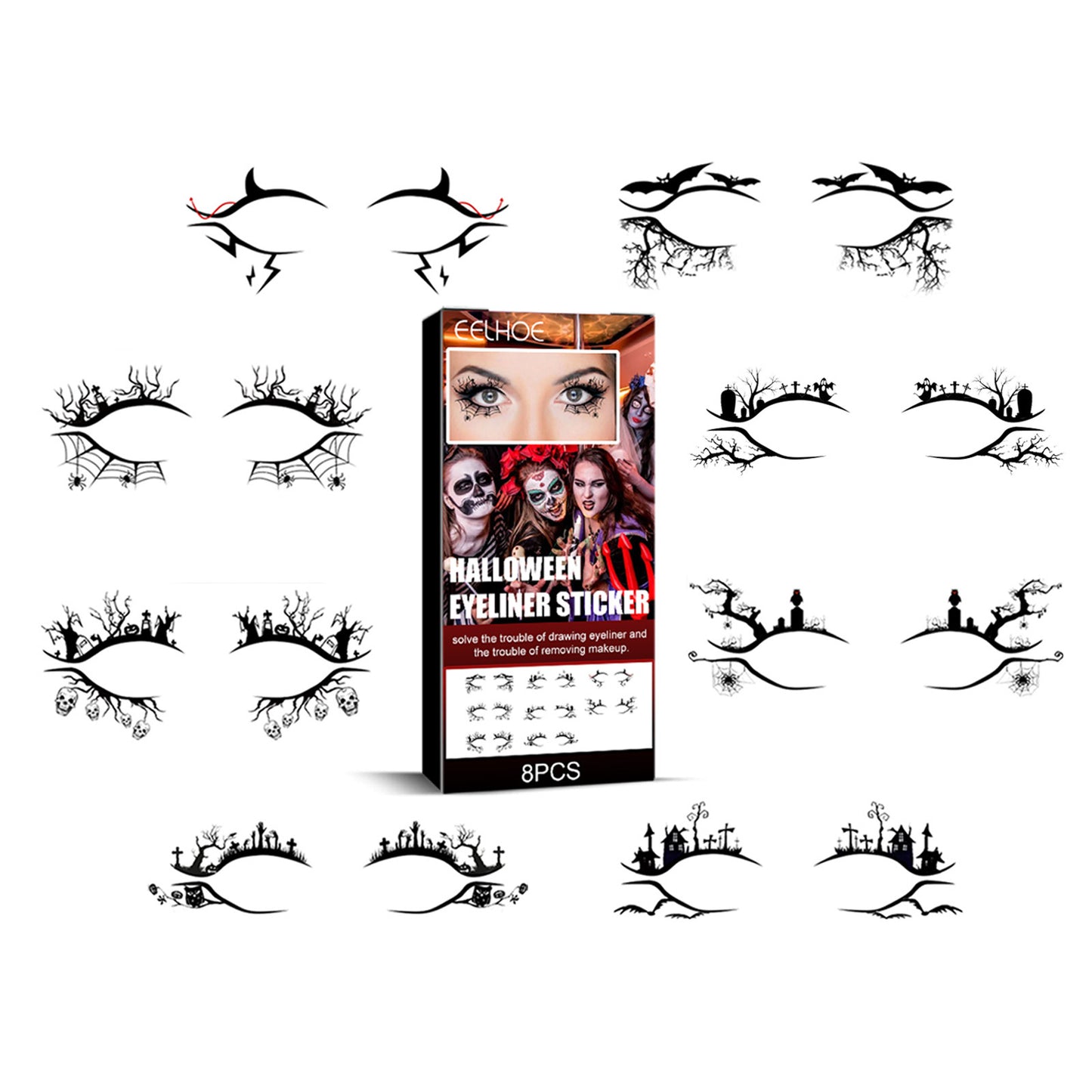 Halloween Eyeliner Stickers - 8 Pairs Reusable Eye Makeup Decals