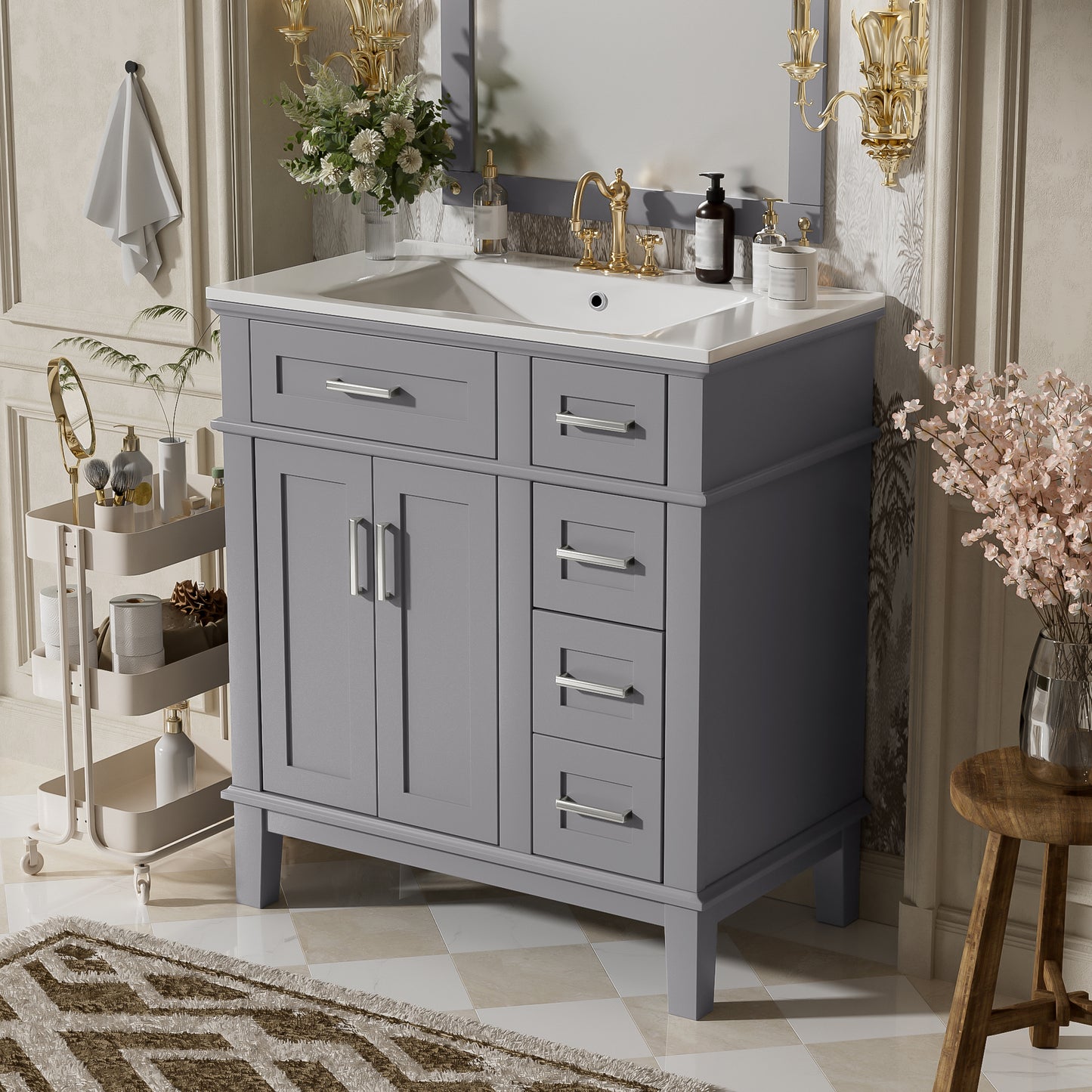 30" Bathroom Vanity with Ceramic Sink & Soft-Close Doors - Grey