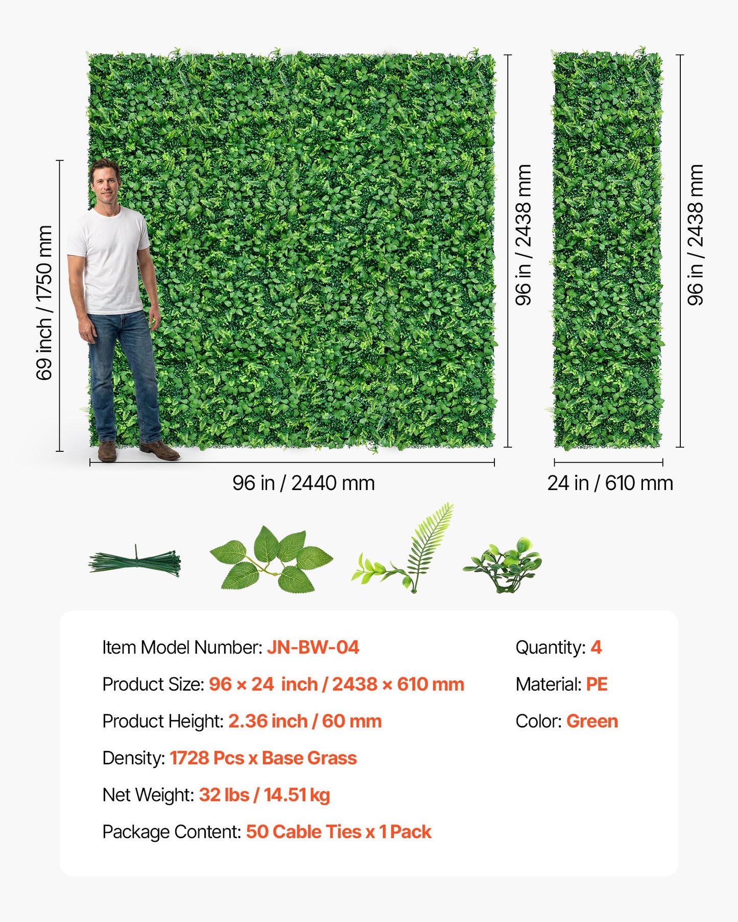 Artificial Greenery Wall Panels - 4 Pack 2x8 ft Privacy Hedge for Indoor & Outdoor Garden