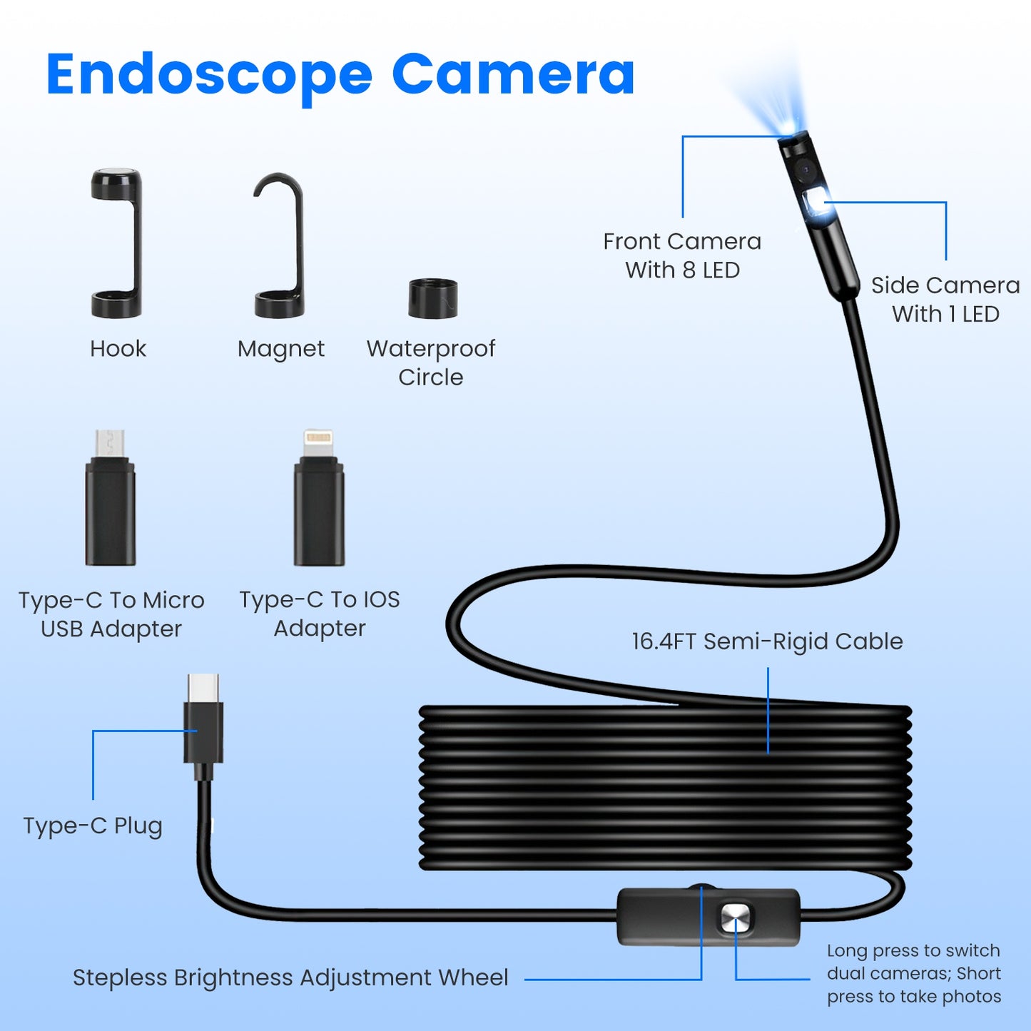 Endoscope Camera 1920P HD Waterproof Inspection Borescope with Dual Lenses & App Control