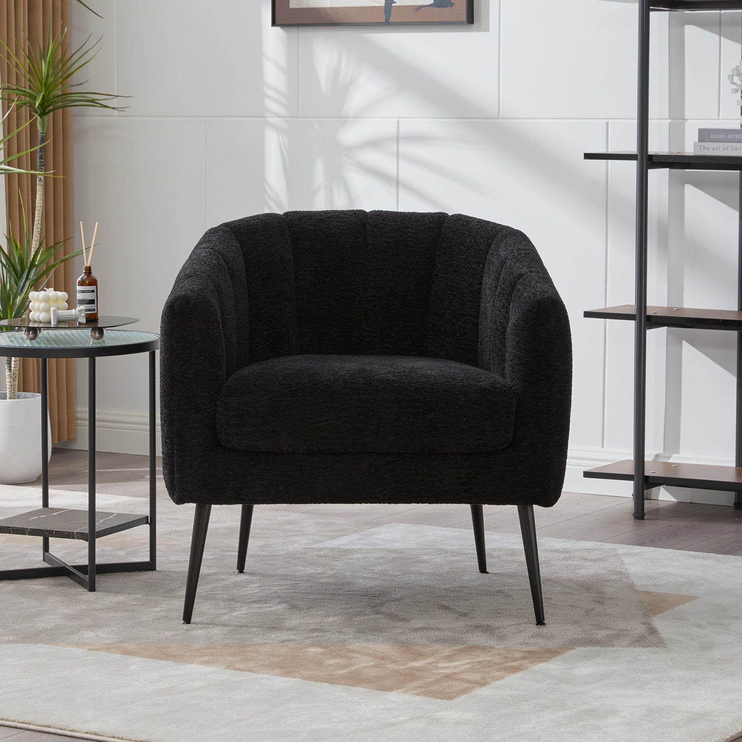 Modern Chenille Barrel Accent Chair with Metal Legs - Black
