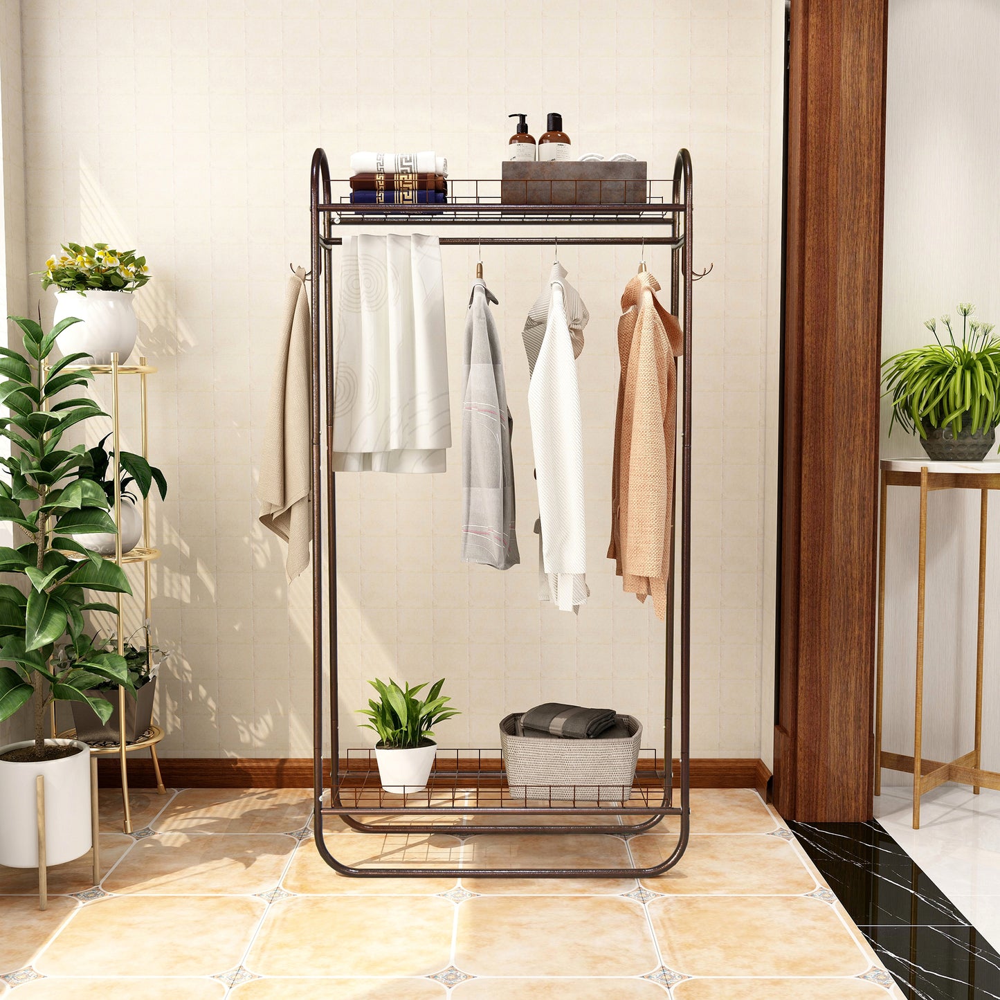 Heavy Duty Freestanding Clothing Rack with Double Shelves - Brown