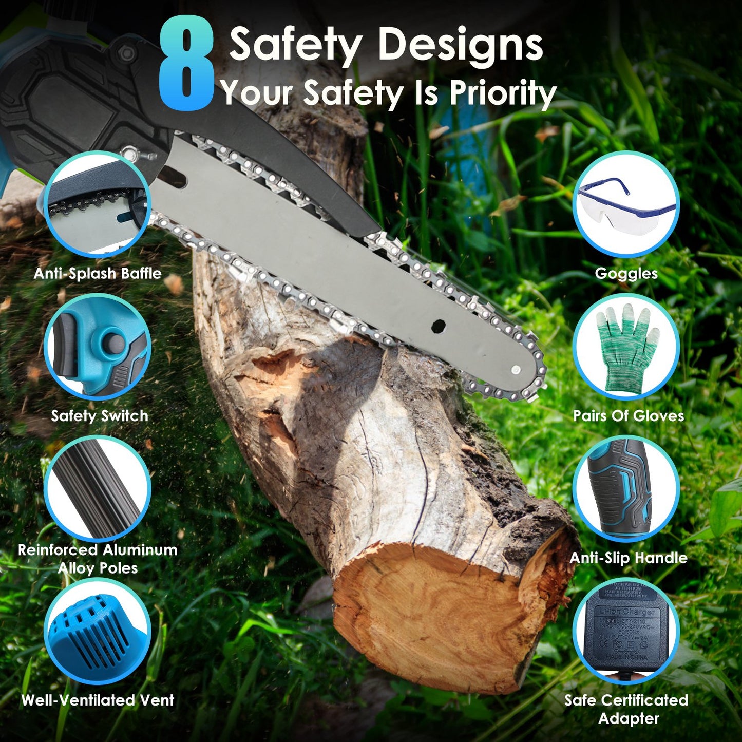 Cordless Pole Saw & Mini Chainsaw with Extension Poles - 21V Battery